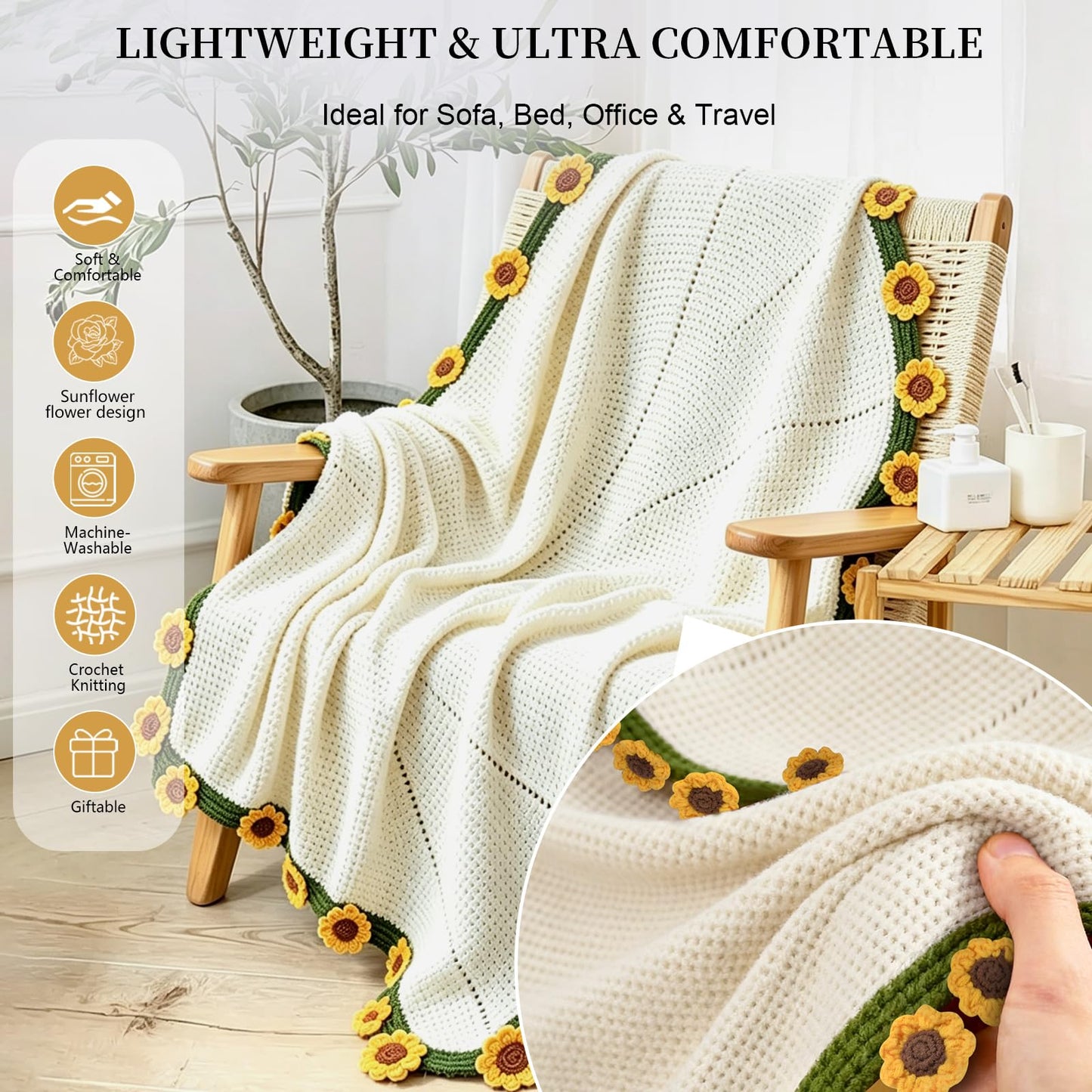 Sunflower Crochet Flower Bouquet Blanket, Handmade Knitted Round Throw Blanket, Cute Unique Birthday Gifts for Women Her Girlfriend Wife Mom Mother’s Day Christmas Valentine Anniversary, 51 IN