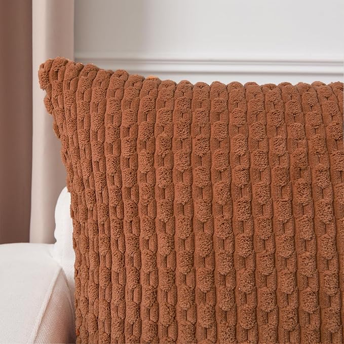 Kevin Textile Decorative Pillow Covers Set of 2 Striped Plush Corduroy Pillows Pillowcases Boho Home Decor Cushion Covers for Couch Sofa Bed Living Room 26x26 Inch, Burnt Orange