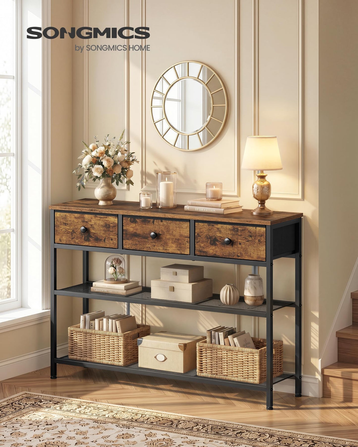 SONGMICS Console Table, Narrow Sofa Table with 2 Mesh Shelves for Entryway, Living Room, 11.8 x 38.9 x 31 Inches, 3 Fabric Drawers, Rustic Brown, BELLAH Collection ULGS098K101