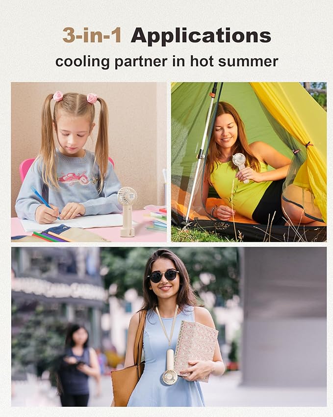Coohea Mini Handheld Fan, Small Cute Design, 3 Powerful Speeds, USB Rechargeable Battery Operated, Personal Portable Fan with Base & Lanyard, for Eyelash Makeup Travel Beach Office Desk, Beige