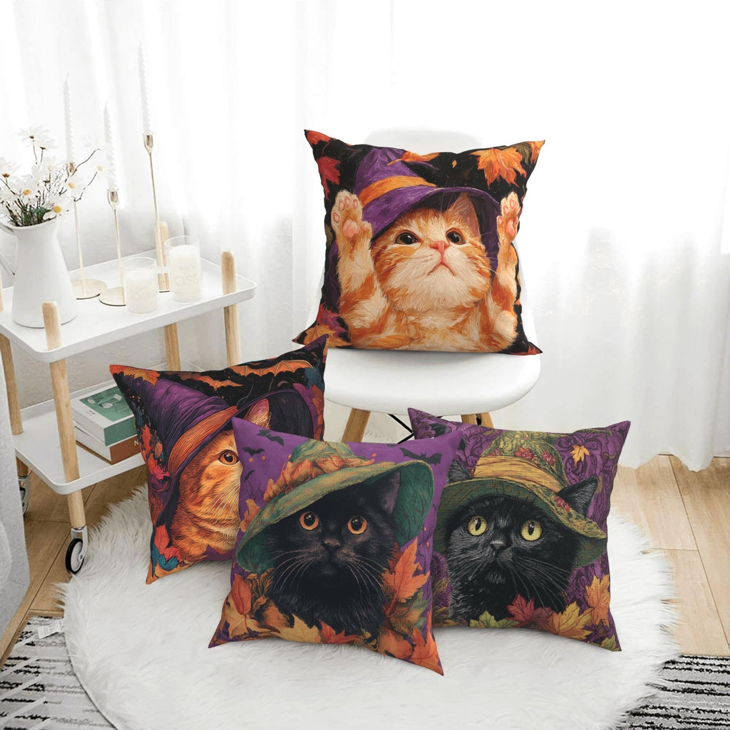 Worltoldb Throw Pillow Covers Set of 4 Decorative Soft Linen Fabric Square Cushion Case for Room Bedroom Sofa Car 18x18 (Halloween Cat, 18 * 18)