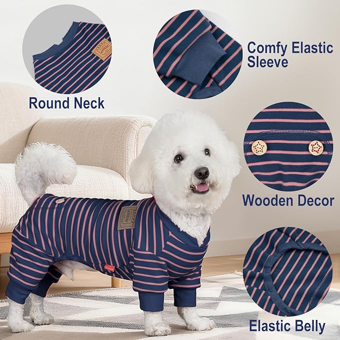 KYEESE Dog Pajamas, Soft 4 Legs Doggie Jammies, Striped Velvet Fleece Dog PJS, Pet Jumpsuit Puppy PJS, Soft Pajamas Stretchable Outfit, Cozy Onesie Sleepwear,Navy Blue Striped, Small