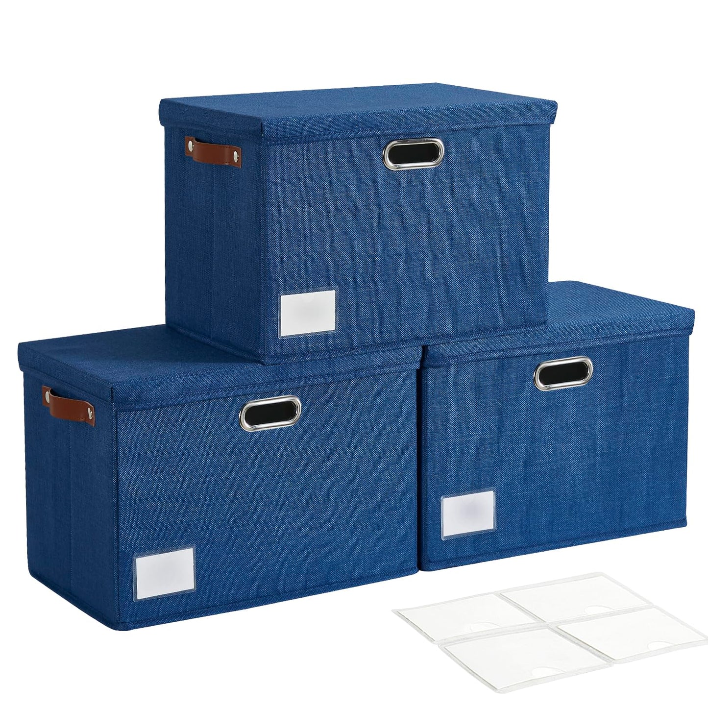 Roobyl 15" Large Collapsible Storage Bins with Lids, Stackable Closet Organizers with PU Handle and Labels, 3-Pack Decorative Fabric Storage Boxes for Home, Bedroom, Closet, Office, Nursery(Navy)