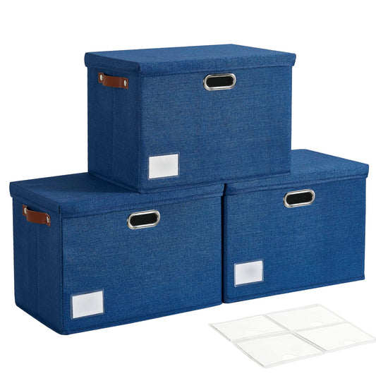 Roobyl 15" Large Collapsible Storage Bins with Lids, Stackable Closet Organizers with PU Handle and Labels, 3-Pack Decorative Fabric Storage Boxes for Home, Bedroom, Closet, Office, Nursery(Navy)