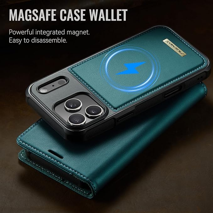 PlusnapX Wallet Case for iPhone 17 Pro Compatible with Magsafe, 2-in-1 PU Leather Flip RFID Blocking Card Holder Stand Shockproof Magnetic Detachable Cover for iPhone 17 Pro Case 6.3", Bluegreen