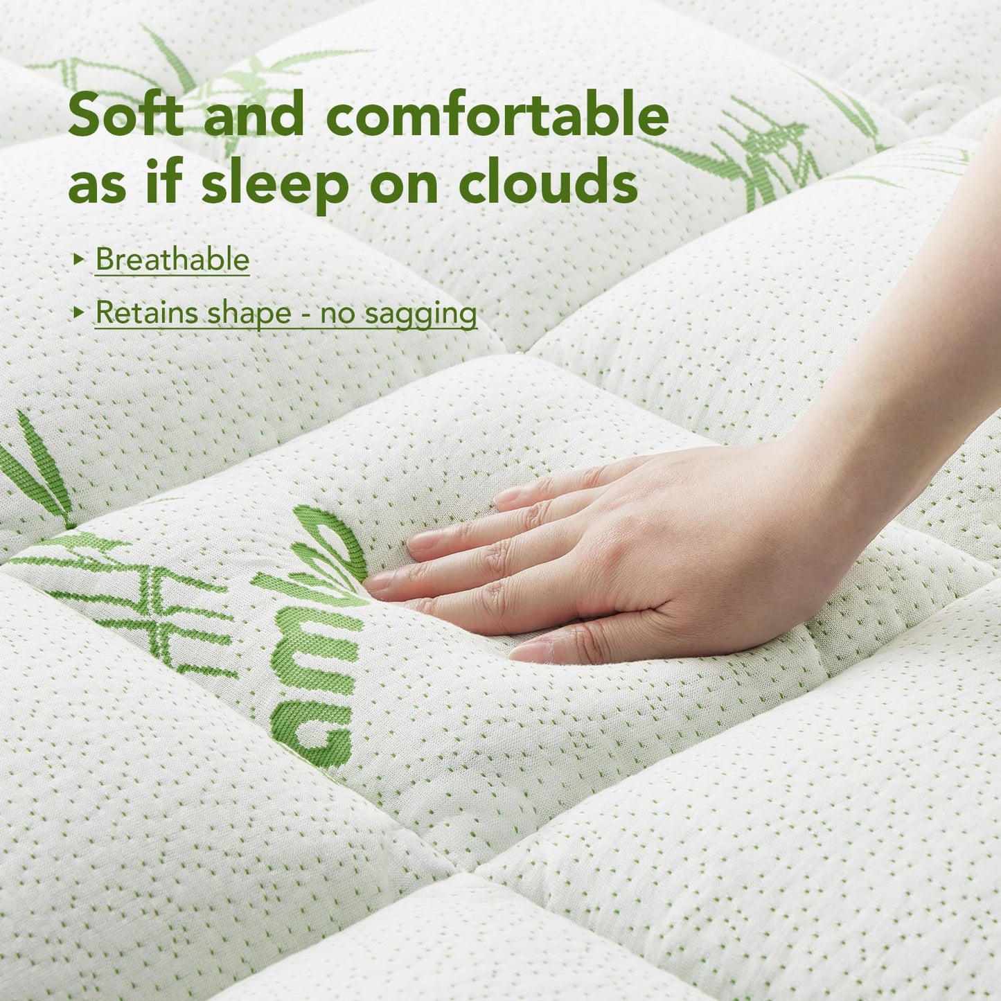 Queen Size Mattress Topper Viscose Made from Bamboo, Extra Thick Quilted Pillow Top, Naturally Cooling & Breathable for Hot Sleepers, Back Pain Relief, Deep Pocket Skirt Fits 6-18", Green