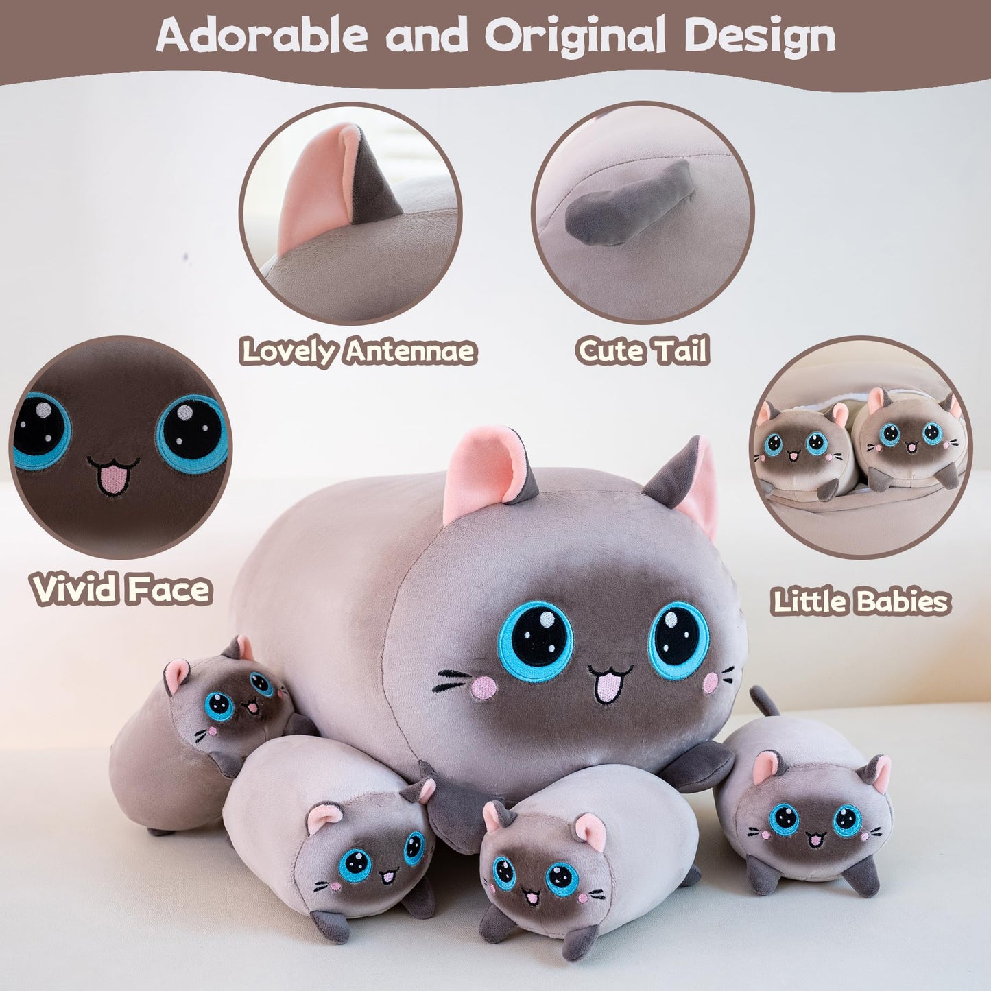 Gudisi Siamese Cat Plush Stuffed Animals with 4 Kitties Plushies,16" Soft Jumbo Pillow Gifts for Kids Him Her Girlfriend Boyfriend