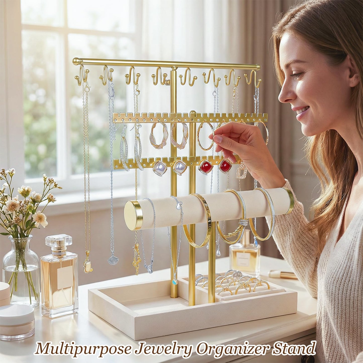 Sorcozn 3 Tier Jewelry Organizer Stand with Ring Tray - Adjustable Tall 17.7" (Max), Jewelry Holder for Necklace, Bracelet, Earring, Ring Storage, Jewelry Display Storage Stand for Women