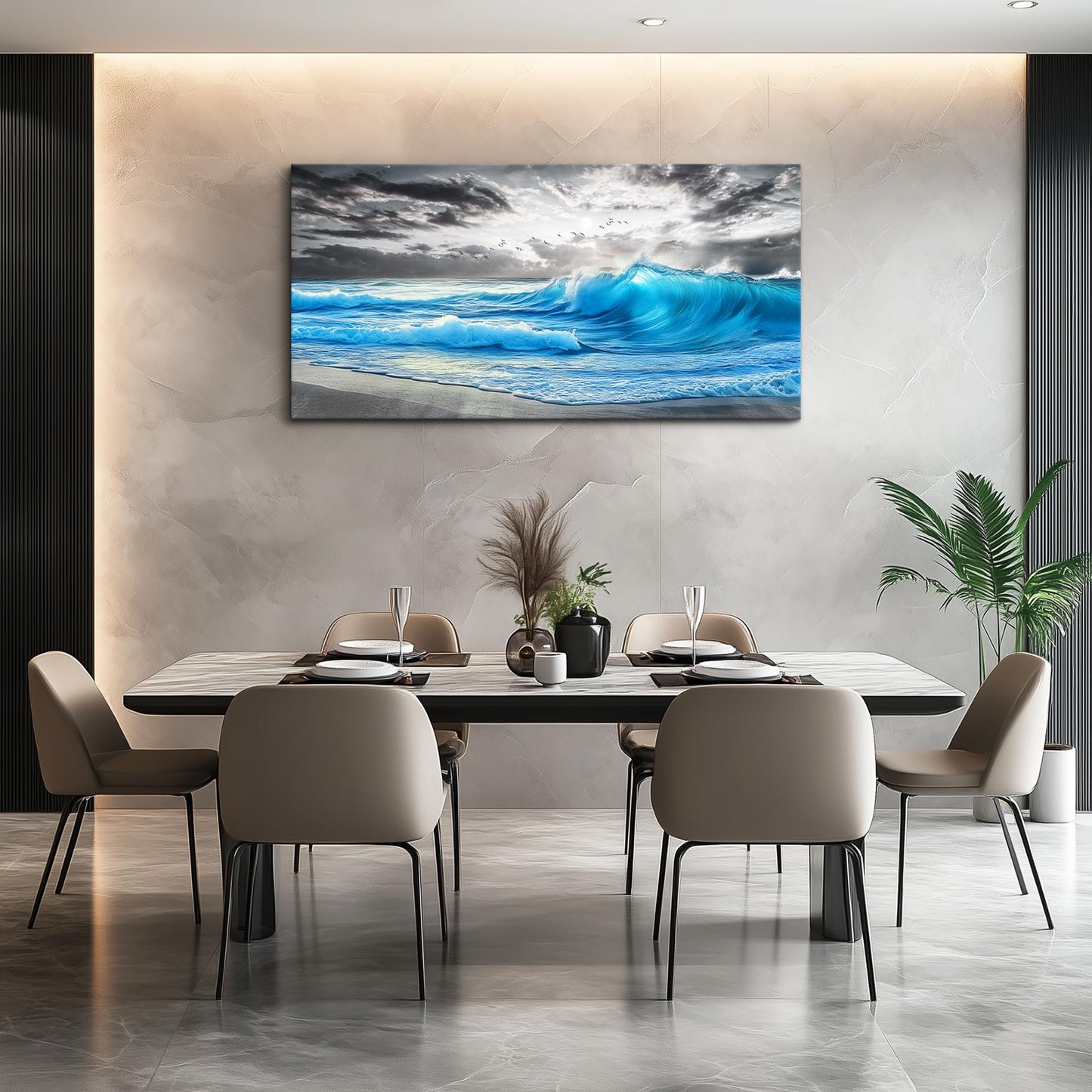 PHAOHUAXM Large Canvas Beach Wall Pictures Wall Decor For Living Room Wall Art For Bedroom Office Decorations Blue Sea Wave Ocean Painting Printing Artworks Modern Restaurant Home Decor 20x40 In