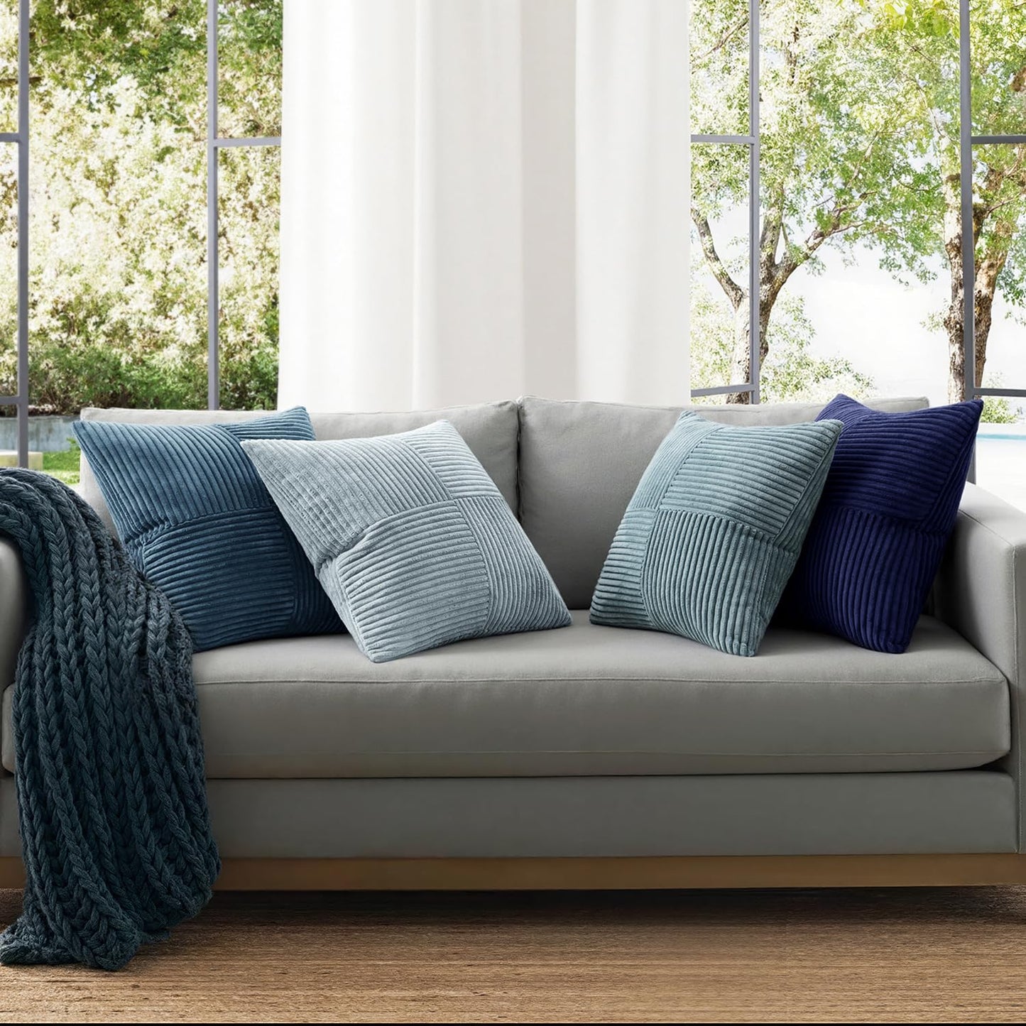 ANRODUO Pack of 4 Decorative Throw Pillows for Couch Neutral Blue 18x18 Inch Boho Cozy Soft Corduroy Cushion Covers Farmhouse Accent Pillowcases for Mid Century Coastal Summer Home Decor Living Room