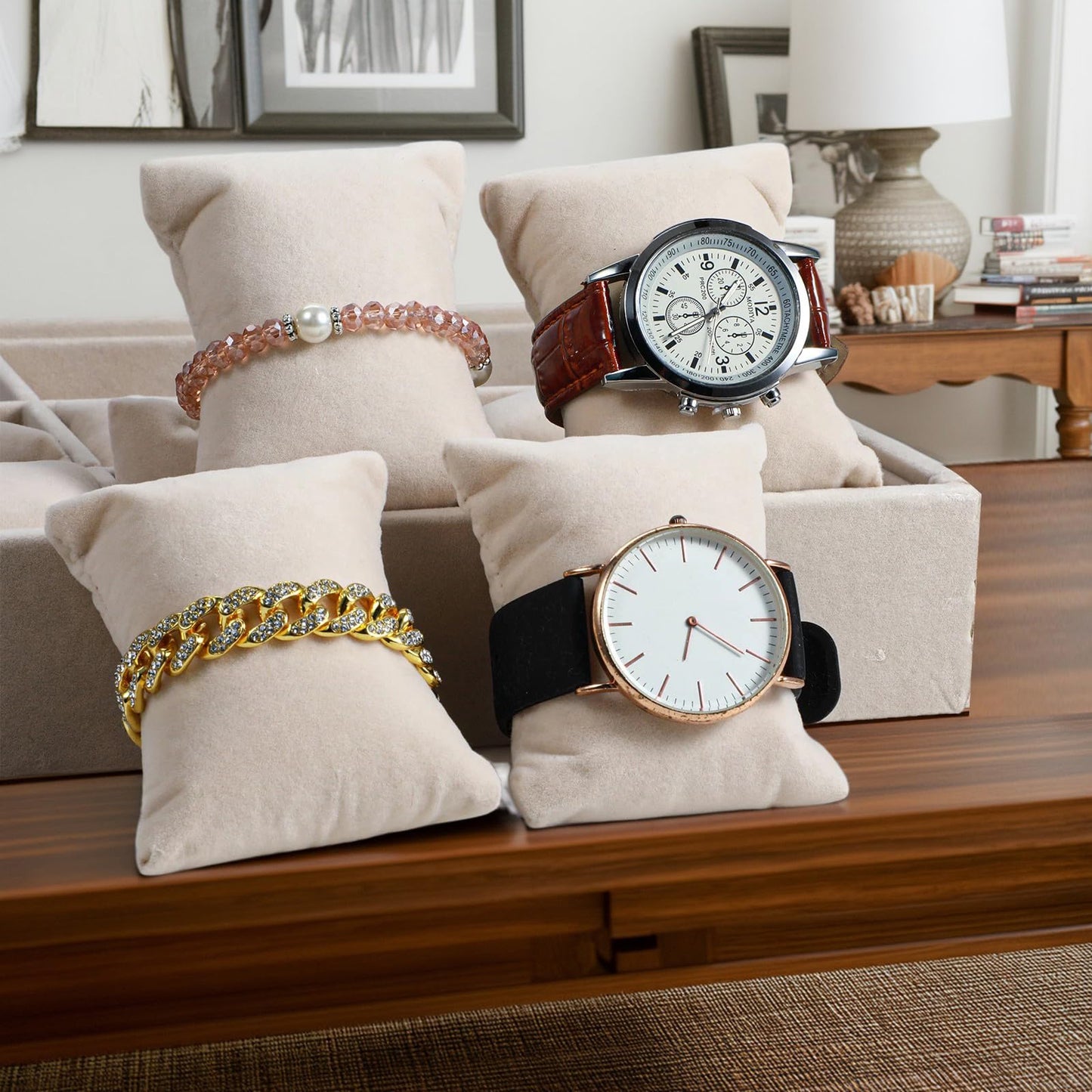 Nodaaiie 2 Pcs Beige Velvet Jewelry Organizer Watch Tray Box 12 Grid Stackable Bracelet Organizer with Adjustable Pillows for Men Women, Home Store Show