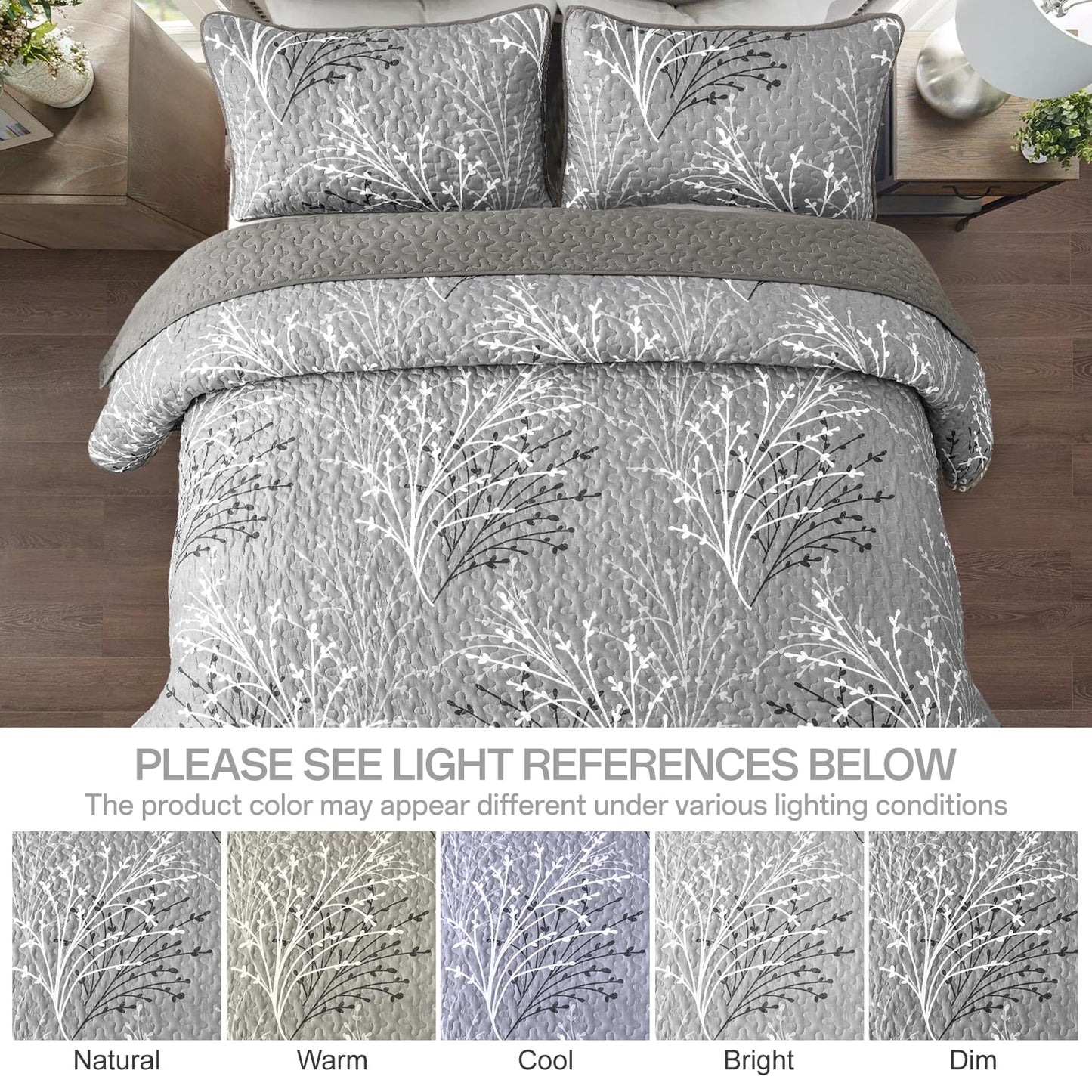 DJY Grey Quilt Set Queen Size - Branch Botanical Pattern Bedspread Coverlet Set, 3 Pieces Gray Floral Quilt Bedding Set, Soft Lightweight Microfiber Reversible Summer Quilt Set