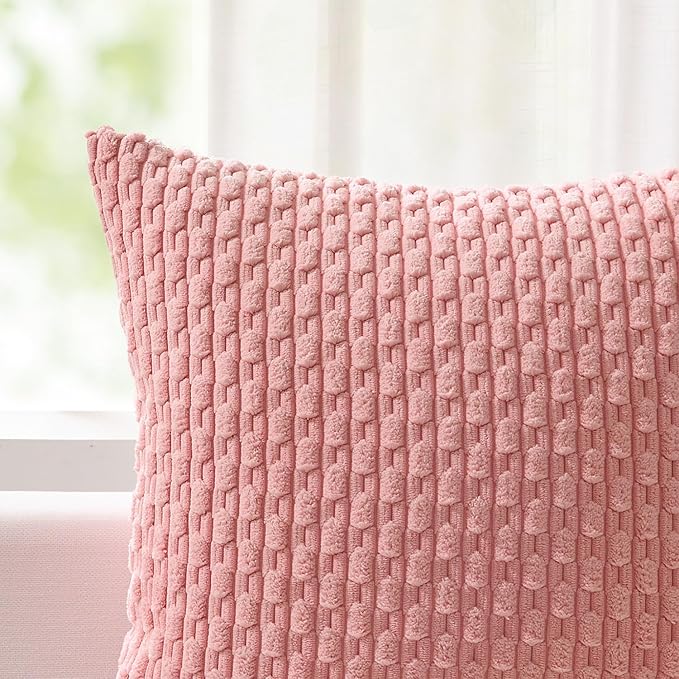 Kevin Textile Valentines Day Decorative Pillow Covers Set of 2 Striped Plush Corduroy Pillows Pillowcases Boho Home Decor Cushion Covers for Couch Sofa Bed Living Room 18x18 Inch, Dark Pink
