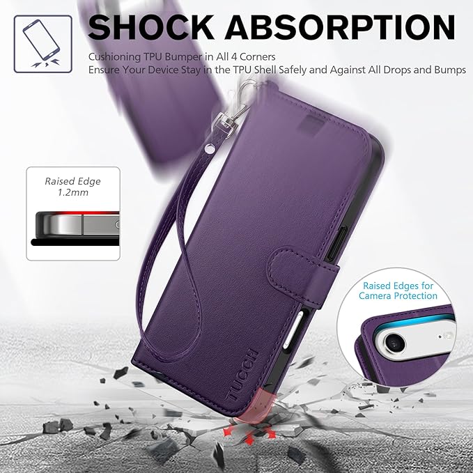 TUCCH Case Wallet for iPhone Air (6.5") 2025, Wrist Strap, Stand, RFID Blocking 4 Card Holder, TPU Shockproof Shell, PU Leather, Magnetic Closure Folio Protective Cover, Deep Purple