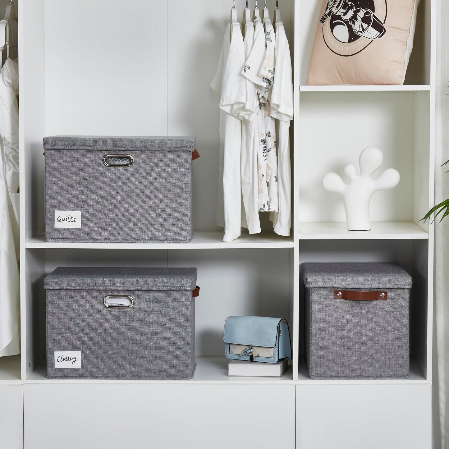 Roobyl 17" Large Collapsible Storage Bins with Lids, Stackable Closet Organizers with PU Handle and Labels, 3-Pack Decorative Fabric Storage Boxes for Home, Bedroom, Closet, Office, Nursery(Gray)