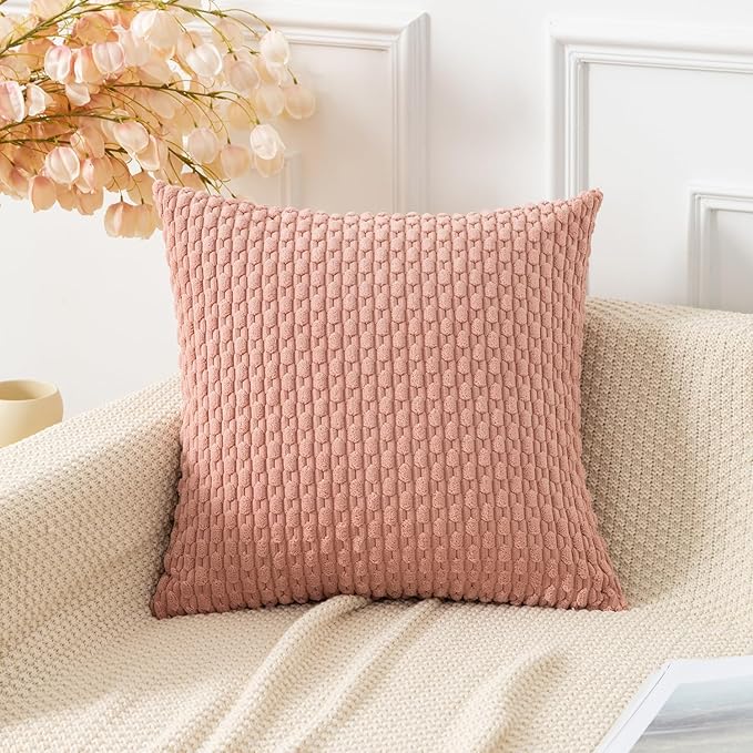 Kevin Textile Throw Pillow Covers Soft Corduroy Decorative Set of 2 Boho Striped Pillow Covers Pillowcases Valentines Day Farmhouse Home Decor for Couch Bed Sofa Living Room 26x26 Inch Baby Pink
