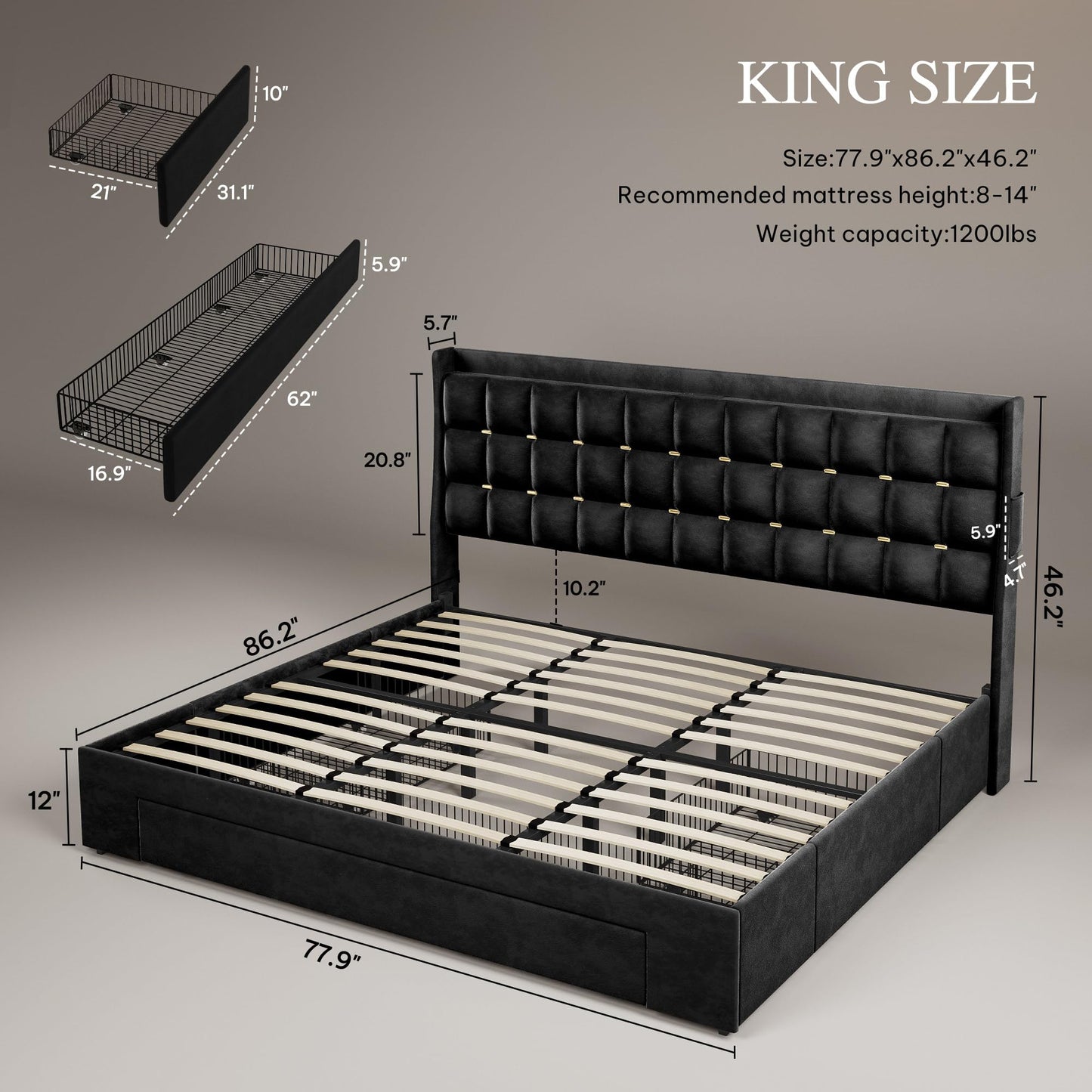YITAHOME King Size Bed Frame with 3 Storage Drawers and RGB LED Lights, Velvet Upholstered Bed with Charging Station and Storage Headboard, No Box Spring Needed, Easy Assembly, Noise-Free, Black