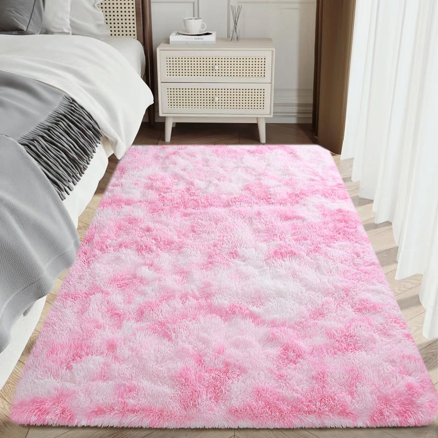 AIMECO Tie-Dyed Pink 4X6 Ft Fluffy Plush Carpet, Anti-Slip Shag Area Rug, Machine Washable Indoor Rug for Living Room, Girls Bedroom, Kids Bedside, Nursery, Home Room Decor