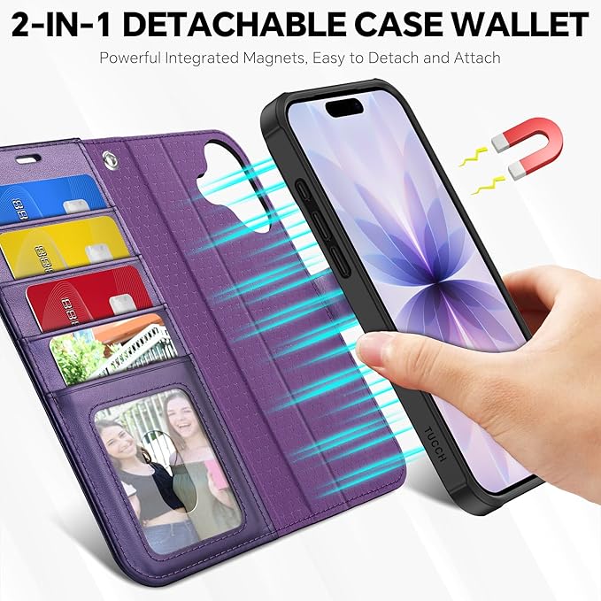 TUCCH 2-in-1 Removable Wallet Case for iPhone 17 (6.3-inch) 2025, Wireless Charging | RFID Blocking 4 Card Holders | Wrist Strap | Kickstand | Magnetic | PU Leather Protective Cover | Deep Purple