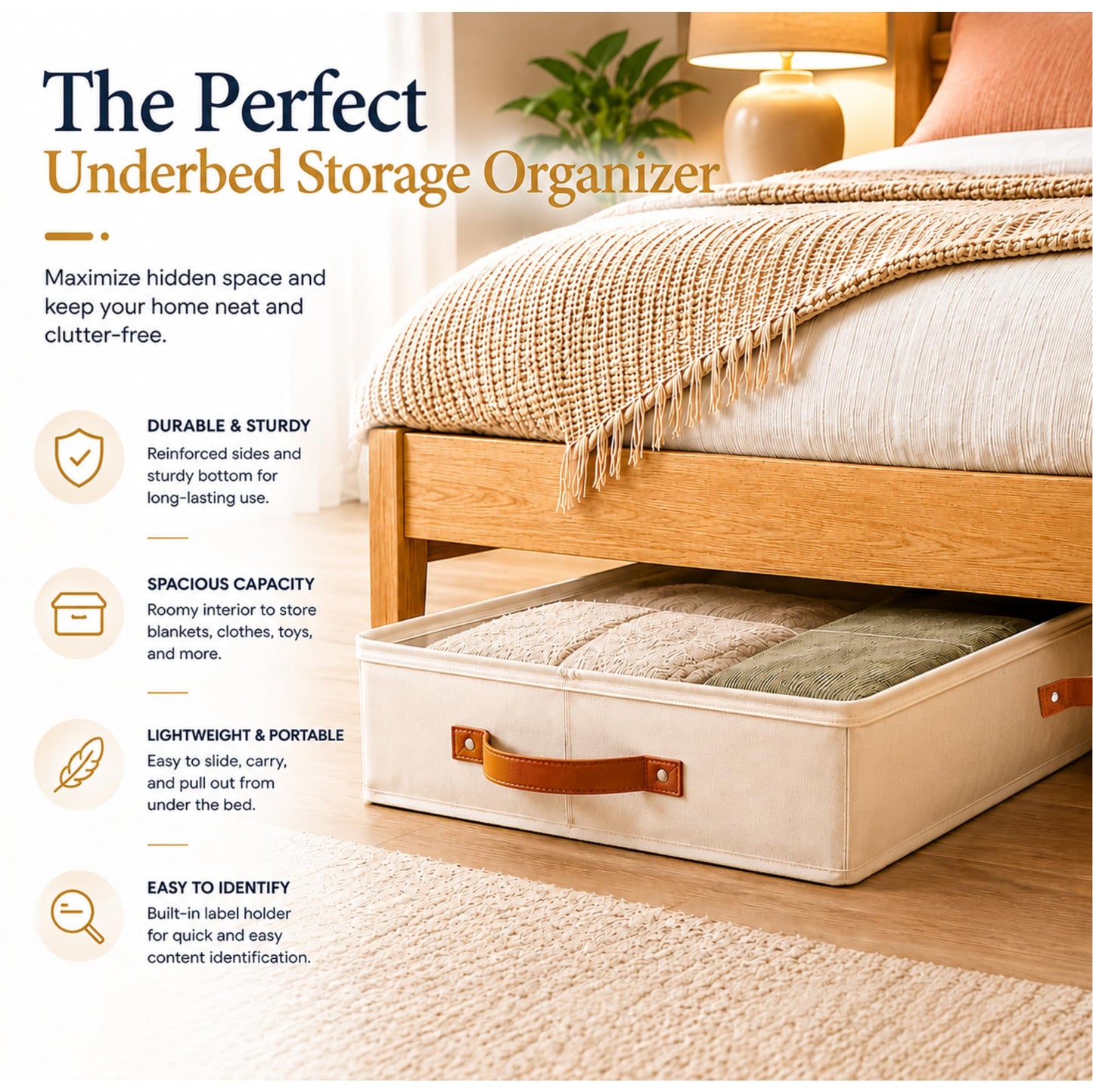 HOMELUX THEORY 2pc Low Profile Under Bed Storage Containers, Thin Under Couch Storage Organizer with Bins & Lids, Underbed Storage Box Ideal for Seasonal Clothes, Blankets, Fabric & Shoes (Ivory)