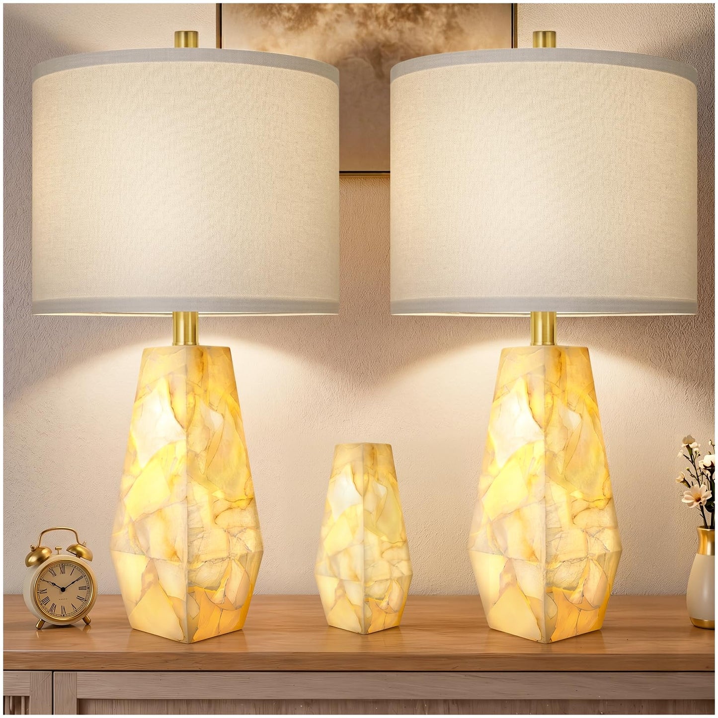 Scenekoy 23" Alabaster Table Lamps Set of 2, Modern Desk lamp with Night Light for Living Room, Rotary Switch, Bedside Lamp with Linen Shade for Bedroom Living Room Office (Bulb Included)