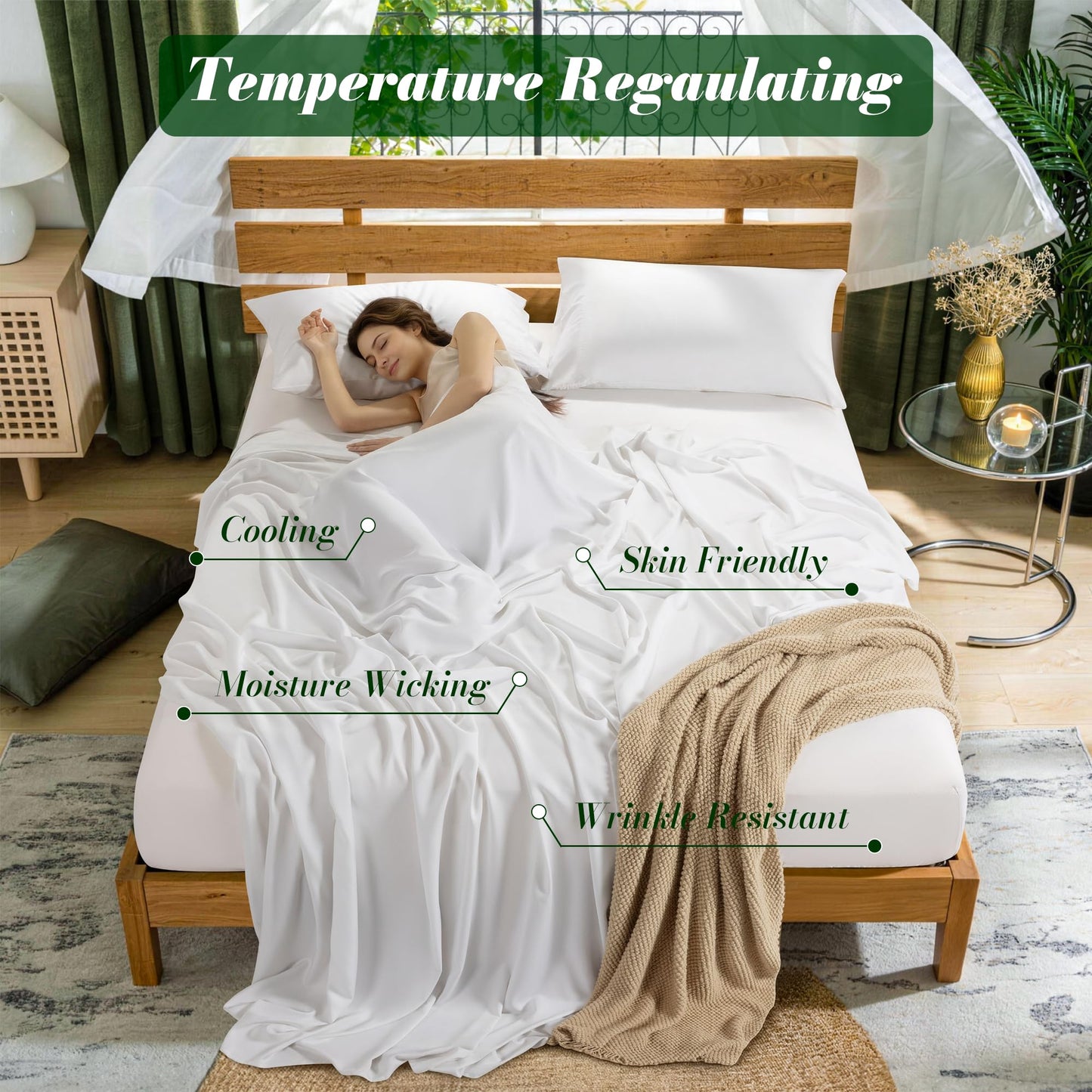 LBRO2M 100% Rayon Derived from Bam_Boo Sheet Set Queen Size 19" Deep Pocket Cooling Bed Sheets 4 Pcs, Breathable and Silky Soft Bedding Set for Hot Sleepers (Queen White)