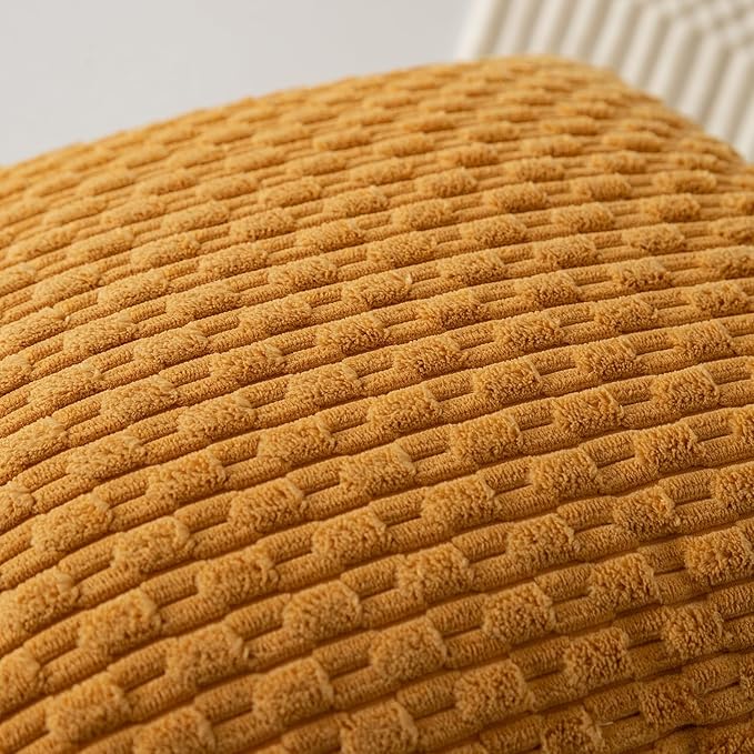 Kevin Textile Throw Pillow Covers Soft Corduroy Decorative Set of 2 Boho Striped Pillow Covers Pillowcases Farmhouse Home Decor for Couch Bed Sofa Living Room 20x20 Inch Golden Yellow