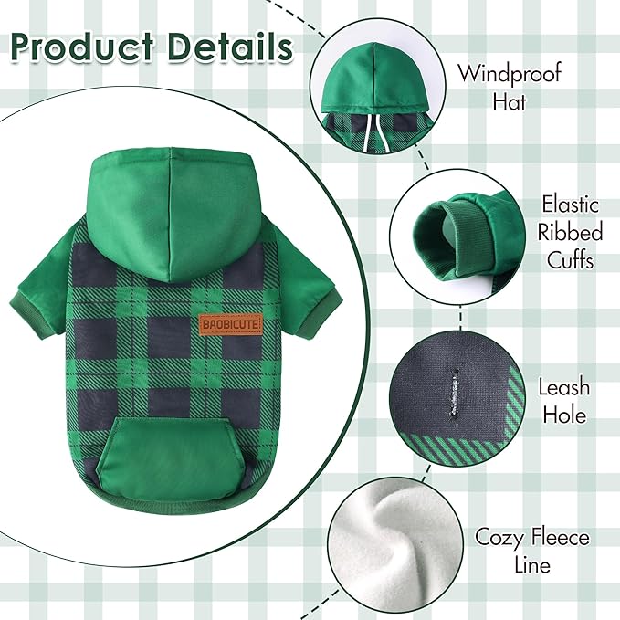 BAOBICUTE Dog Basic Hoodie Soft Dog Clothes Cold Weather Sweaters for Medium Large Dogs Cozy Fabric Warm Sweatshirt with Leash Hole (Green Plaid, L (Back: 20.47",Chest: 28.35", Neck: 21.26"))