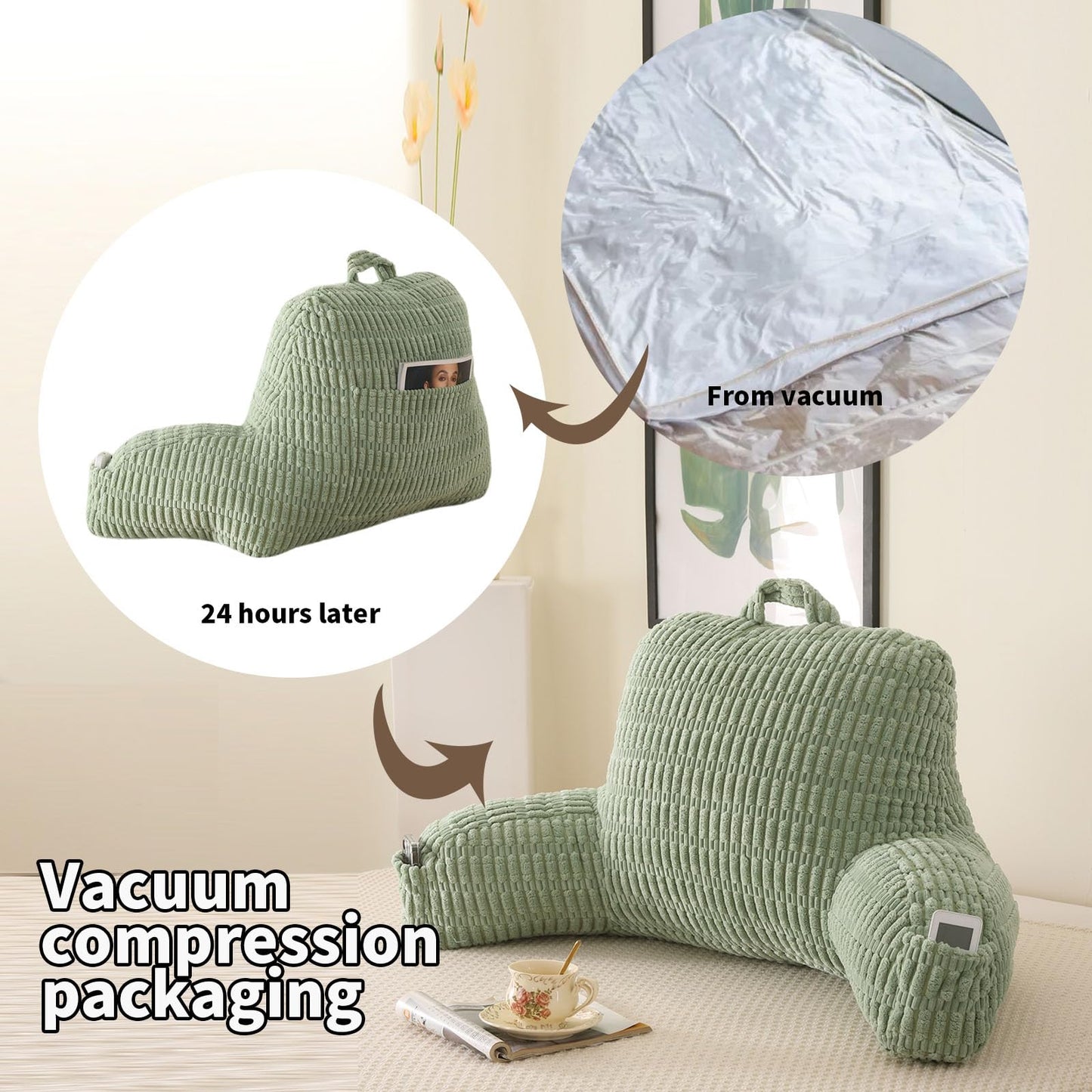 PAJEO Reading Pillow for Sitting in Bed with Arm Rests,100% 7D Fiber Filling Sitting Pillow for Back Support,Oeko-TEX Certified Backrest Pillow for Couch & Floor(17",Green Corduroy)