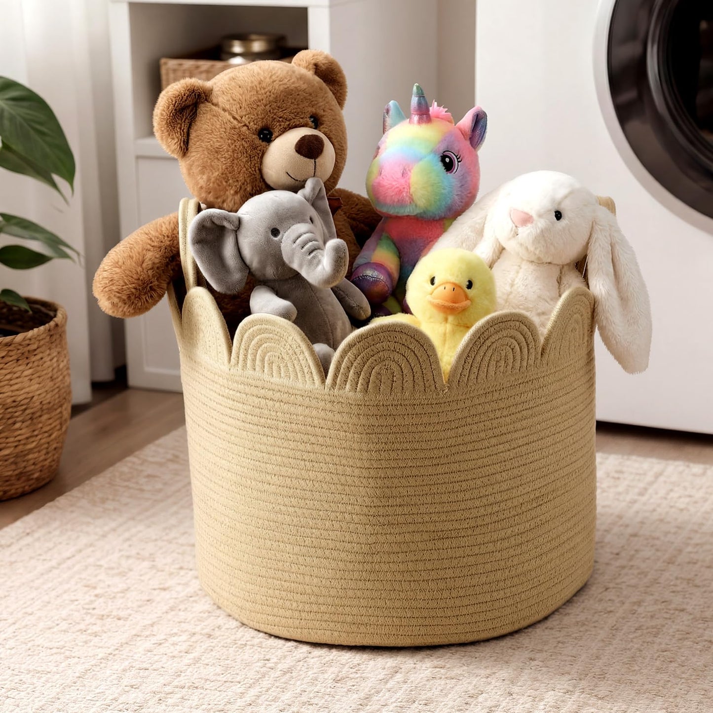 LemonRoad Brown Round Basket Large Blanket Basket 16" x 14" Scalloped Woven Baskets Cotton Storage Baskets for Nursery Classroom Closet Blankets Storage Home Decor