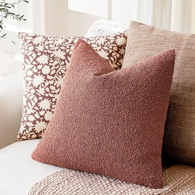 Foindtower Decorative Textured Boucle Throw Pillow Covers Accent Solid Pillow Cases Neutral Soft Cozy Couch Cushion Case for Chair Sofa Bedroom Living Room Home Decor 20x20 Inch,1PC,Orange Rust Red