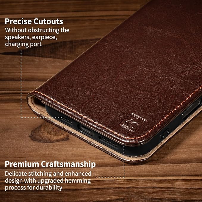 Belemay Leather Wallet Case Compatible with iPhone 17, Premium Cowhide Leather Two-Tone Effect, RFID Blocking Card Holders, Shockproof TPU Shell, Kickstand, Protective Flip Cover, 6.3", Brown
