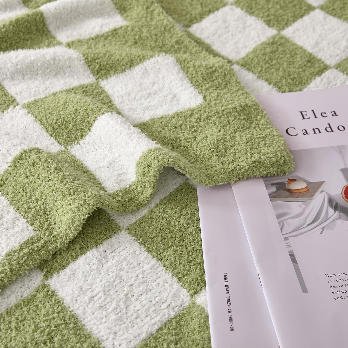 Cozzenity Checkered Throw Blanket, Sage Green Soft Cozy Fluffy Knitted Throw Blankets for Couch, Sofa, Bed, Chair, Warm Fuzzy Travel Picnic Lightweight Plaid Blanket, 50x70 inches