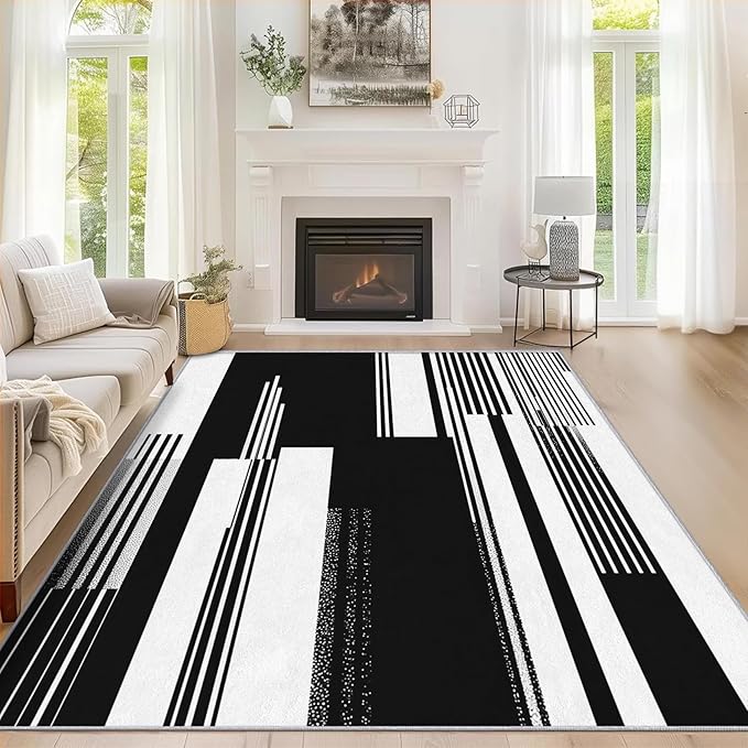 Black and White Stripe Rugs for Home Decor, 4x6 ft, Modern Stripes Area Rugs for Living Room, Soft Non Slip Washable Abstract Striped Carpet Bedroom Decorations Dt-Ghf-31