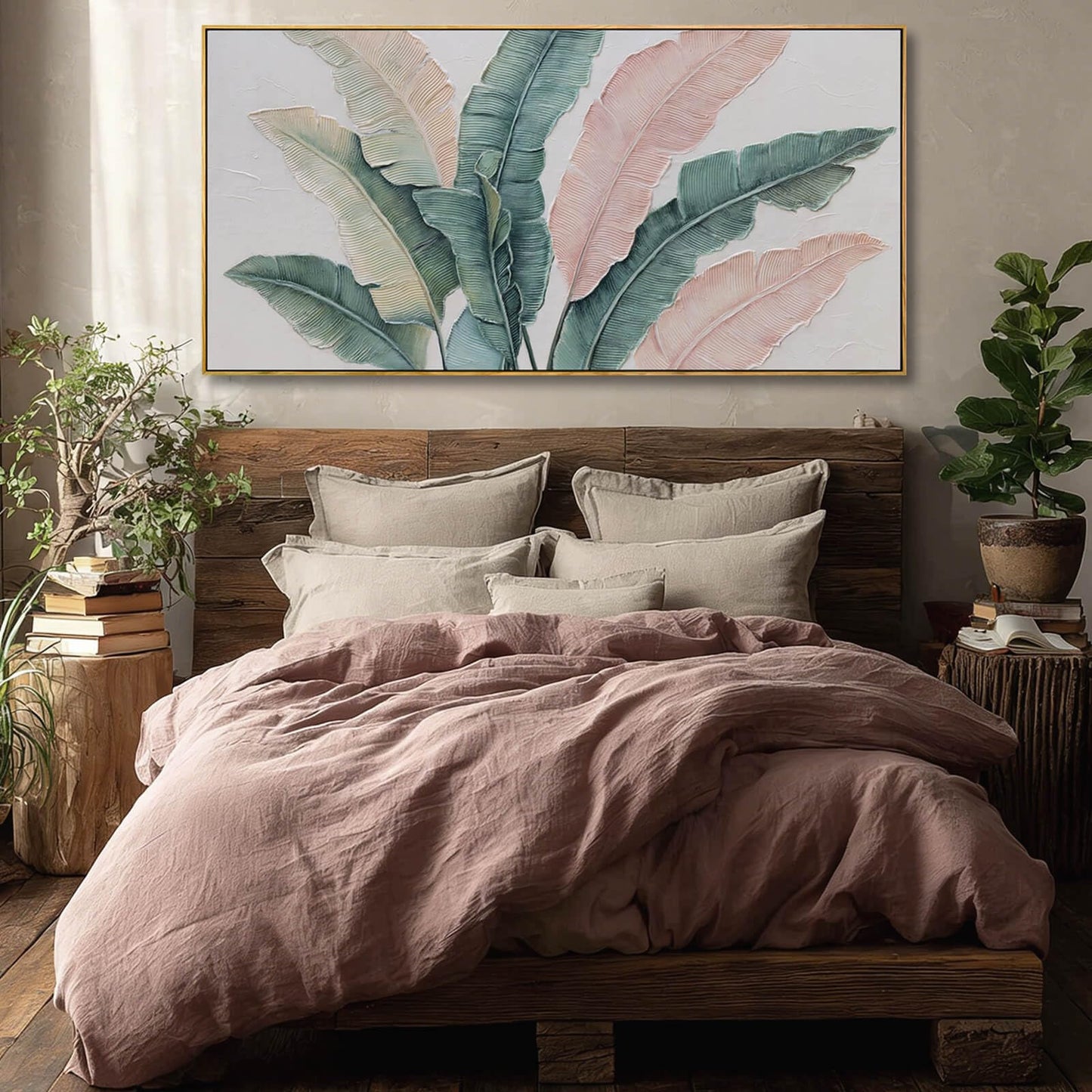 Tropical Green and Pink Leaf Wall Art 24x48 Inch, Large Framed Canvas Prints with Wooden Frame, Botanical Home Decoration for Bedroom Living Room or Office