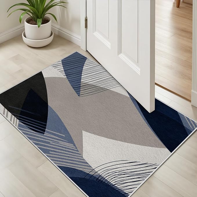 Abstract Art Line Living Room Area Rugs 2x3, Modern Boho Geometric Print Soft Rug, Minimalist Washable Non Slip Neutral Carpet for Bedroom, Dining Room Office Playroom, Navy Blue Gray