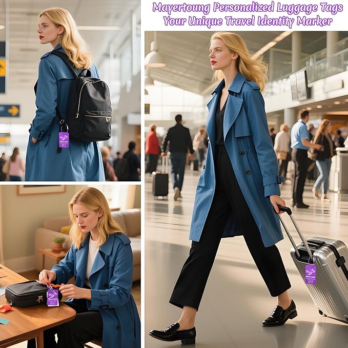 4 PCS Personalized Luggage Tags for Suitcase, Custom Engraved Aluminum Luggage Tags with Your Personalized Text Logo, Metal Name Tags with Steel Loop for Bag, Suitcase, Backpack (Purple, Large)