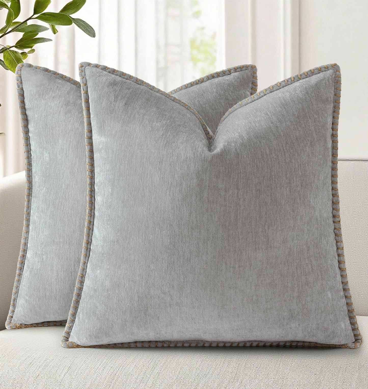 decorUhome Chenille Soft Cozy Throw Pillow Covers 18x18 Set of 2, Modern Farmhouse Boho Velvet Decorative Pillow Cases with Stitched Edge for Couch Sofa Bed Home Decor, Neutral Gray