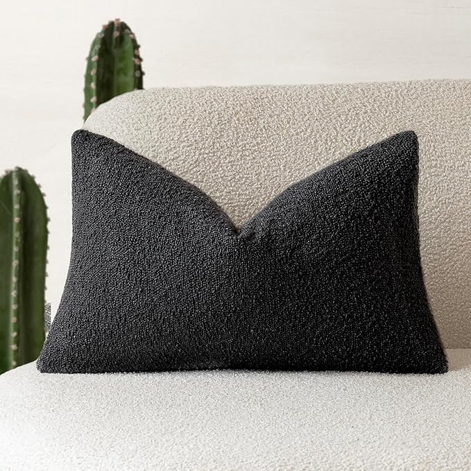 Foindtower Decorative Textured Boucle Throw Pillow Covers Accent Solid Lumbar Pillow Cases Neutral Soft Cozy Couch Cushion Case for Chair Sofa Bedroom Living Room Home Decor 12 x 20 Inch,Black