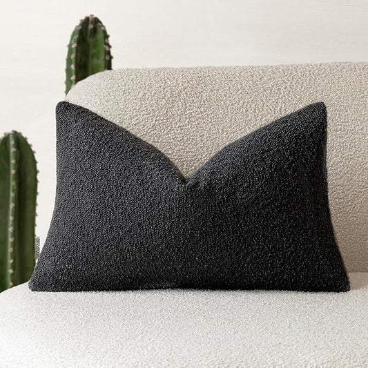 Foindtower Decorative Textured Boucle Throw Pillow Covers Accent Solid Lumbar Pillow Cases Neutral Soft Cozy Couch Cushion Case for Chair Sofa Bedroom Living Room Home Decor 12 x 20 Inch,Black