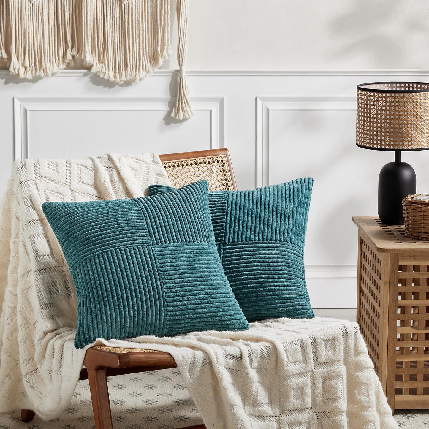 Fancy Homi 2 Packs Teal Decorative Throw Pillow Covers 20x20 Inch for Living Room Couch Bed Sofa, Rustic Farmhouse Boho Home Decor, Soft Corss Corduroy Patchwork Accent Square Cushion Case 50x50 cm