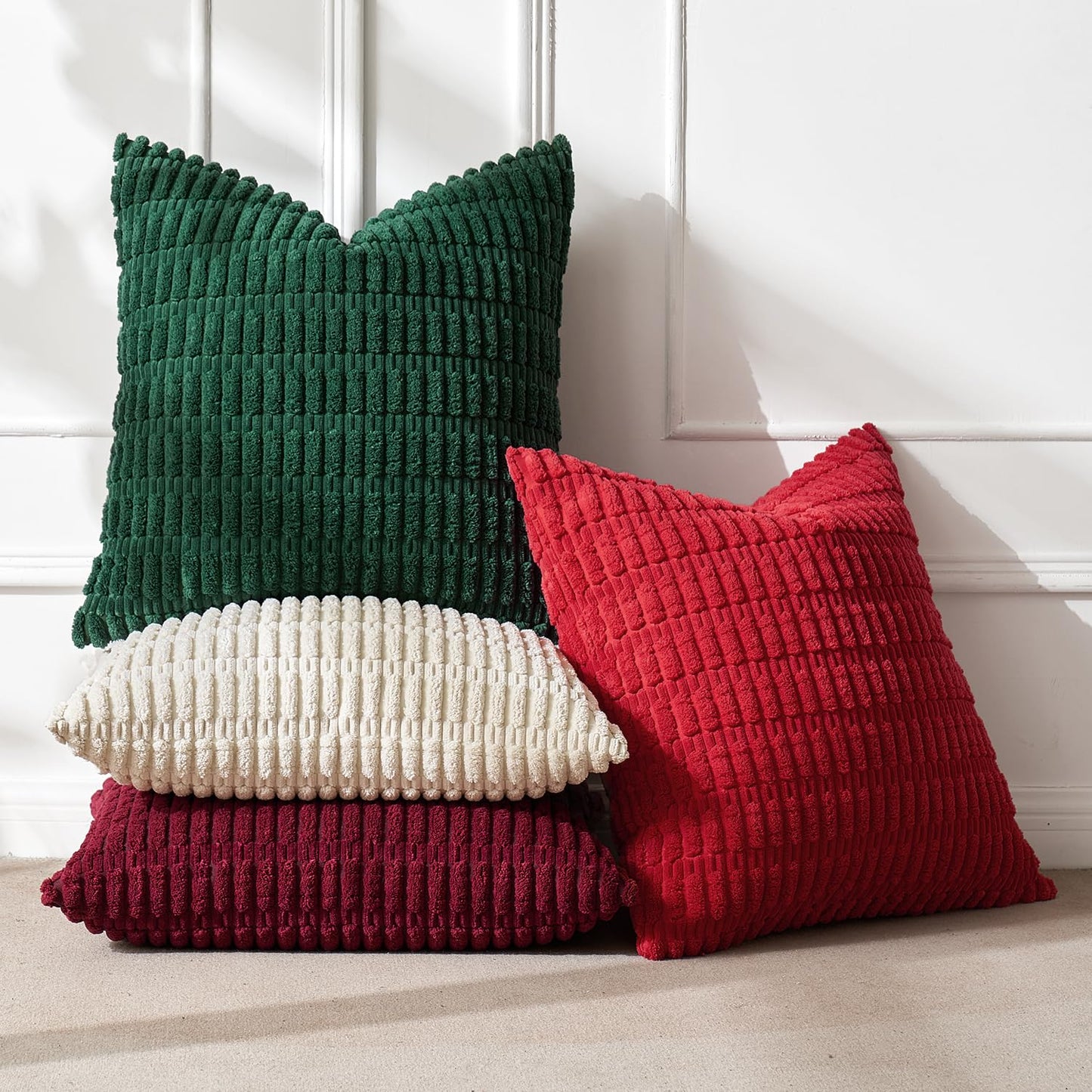 MIULEE Pack of 4 Christmas Boho Farmhouse Red and Green Corduroy Decorative Throw Pillow Covers 18x18 Inch Retro Soft Striped Pillow Covers Home Decor for Sofa Living Room Couch Bed