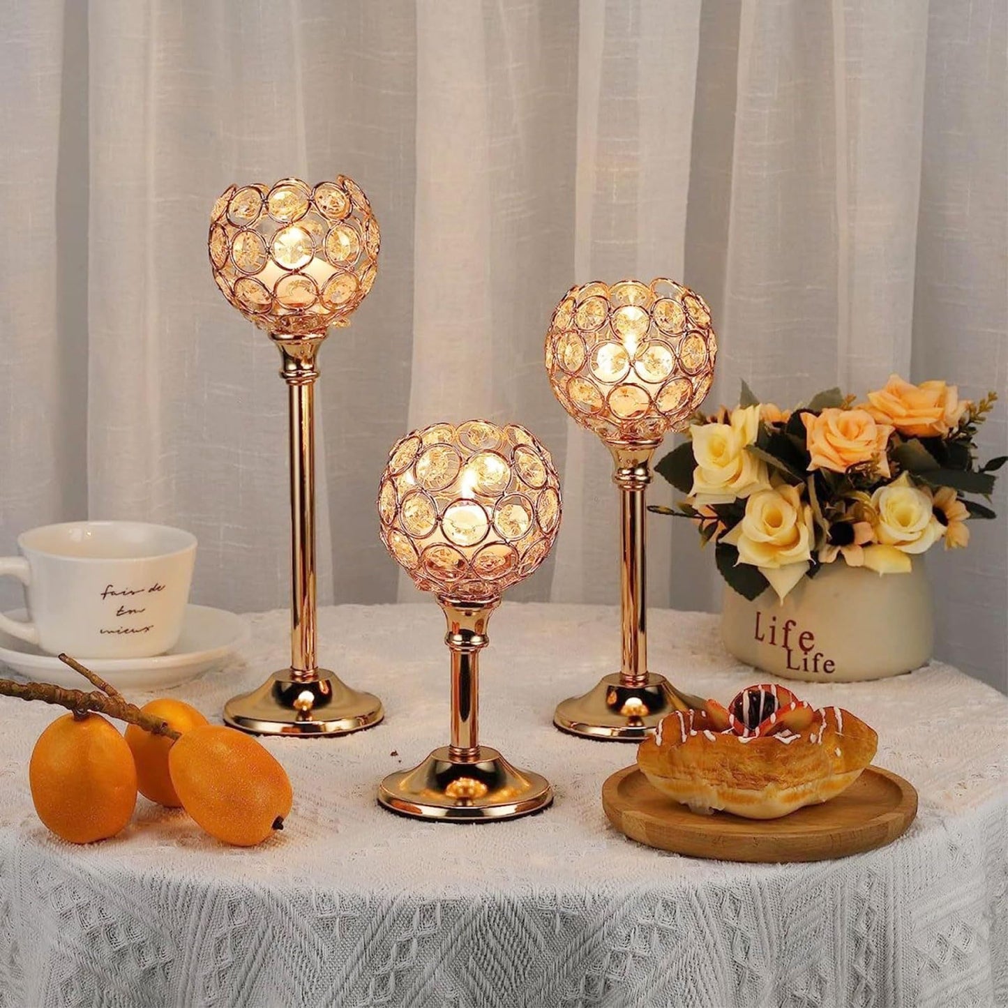 Candle Holder Candlestick Holders- 6Set Gold Crystal Pillar Candle Holders,Metal Candlestick Stands for Wedding Centerpieces,Table Decor for Church,Valentine's Day Housewarming Gift,18Pcs