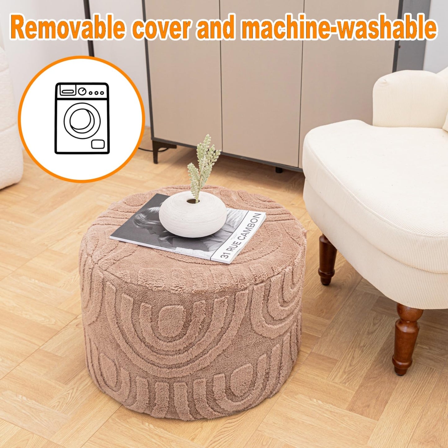 Beawelkomjo Round Plush Ottoman Pouf Stuffed– Fluffy Ottoman Foot Rest with Modern Foam Filler 20" x 14" Cozy Floor Pouf for Living Room & Bedroom