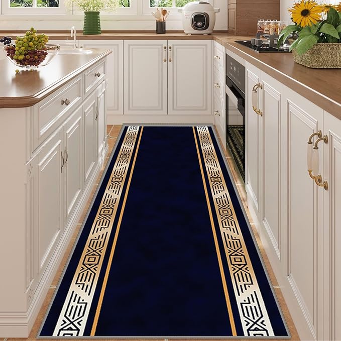 Abstract Navy Blue Runner for Entryway, 2.6x7ft, Retro Luxury Gold Geometric Border Living Room Rug, Print Fade Resistant Absorbent Dirty Resistant Long Indoor Rugs for Bedside Sofa