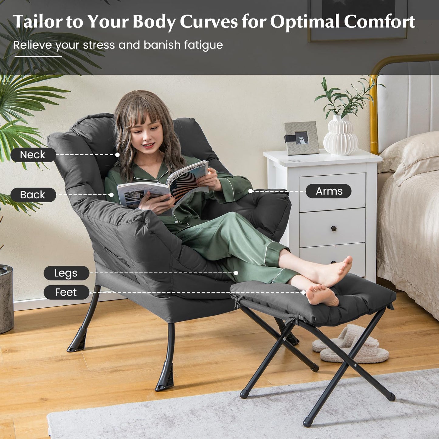 GOFLAME Lazy Chair with Ottoman, Modern Large Accent Chair with Folding Footrest, Head Pillow, Armrests and Side Storage Pocket, Upholstered Reading Chair for Living Room, Bedroom, Office, Grey