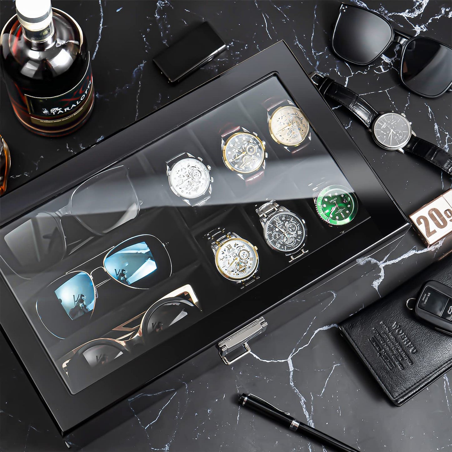 ProCase Lacquered Finish Wooden Men's Jewelry Box, 6 Slots Watch and Sunglasses Box Organizer for Men, Fathers Day Gift, 2-Tier Watch Holder Display Case with Glass Top and Storage Drawer -Black