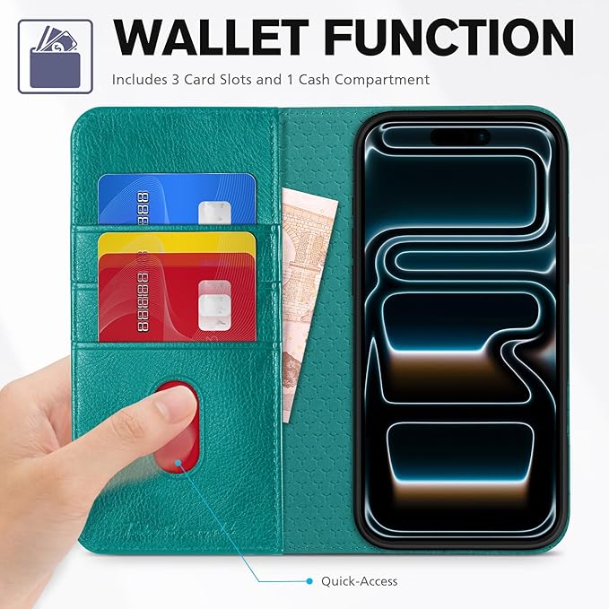 TUCCH Case Wallet for iPhone 17 Pro Max (6.9-Inch) 2025, 3 Card Slots | Kickstand | RFID Blocking | PU Leather | Protective Flip Folio Cover | TPU Shockproof Interior Shell | Cyan