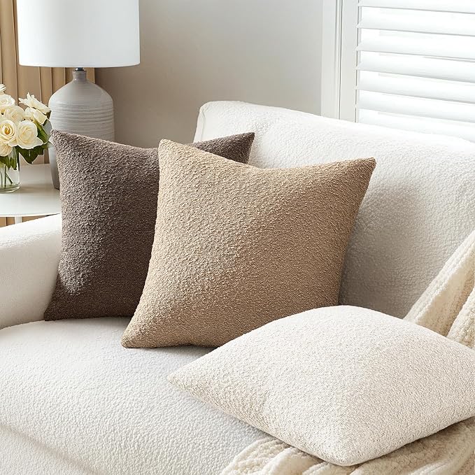 ANRODUO Pack of 2 Textured Boucle Throw Pillow Covers Soft White Decorative Accent Solid Pillow Cases Cozy Modern Couch Cushion Case for Chair Sofa Bedroom Living Room Spring Home Decor, 18 x 18 Inch