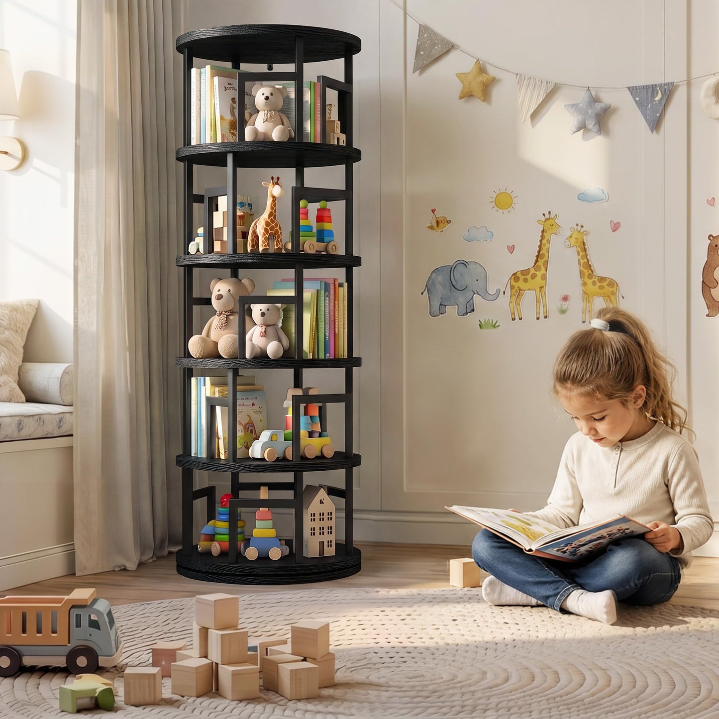 Garvee 5-Tier Rotating Bookshelf Tower – Spinning Corner Shelf, Black